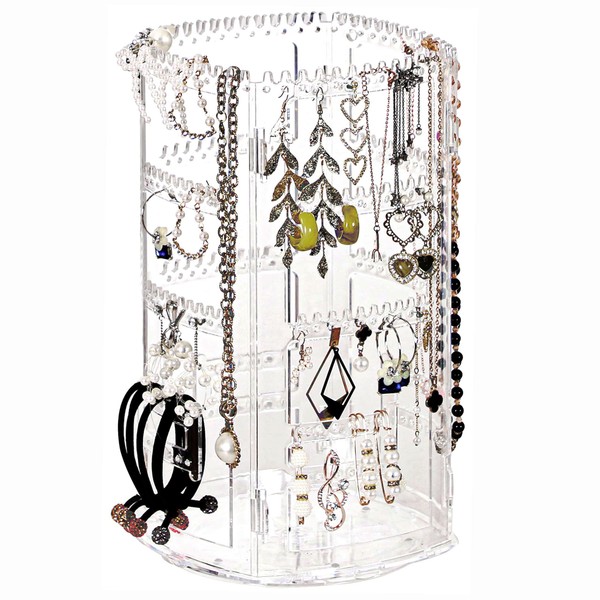 Cq acrylic 360 Rotating Earring Holder Organizer Clear Jewelry Displays Dangle Earinging Rack Necklace Bracelet Carousel Tree Towers,4 Tier Hanging Earring Display Stands For Selling,Pack of 1