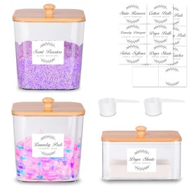 efluky 3 Pack Laundry Pods Container & Dryer Sheet Holder Set,Clear Laundry Room Organization Containers with Bamboo Lids and Labels,Laundry Pods Holder for Scent Booster,Powder,Pod