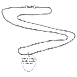 Art Attack When Words Fail Music Speaks Chain Necklace, Electric Guitar Pick Rock N Roll Love Metal Pendant Charm (Silver)