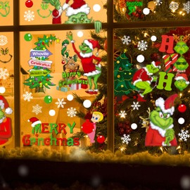 Grinch Window Stickers Christmas, 9 Sheets Double-Sided Grinch Decoration Christmas Snowflake Stickers, PVC Cartoon Christmas Window Decorations Home School Office Party Accessories, 20 x 30 cm (W)