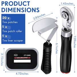 Pushglossy 22 Pieces Tire Repair Patch Tool Kit Including 4.7X 3.2 Inch Square Rubber Tire Patches, Tire Patch Roller and Inner Liner Scraper for Auto Car Truck Motorcycle Bike Tire Repair Tool