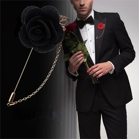 Rose Flower Pin Brooch for Men Long Chain Fringe Lapel Pin Fabric Boutonniere Pins Enhance Image Dress Accessories Groomsman Wedding Suit Accessories (Black)