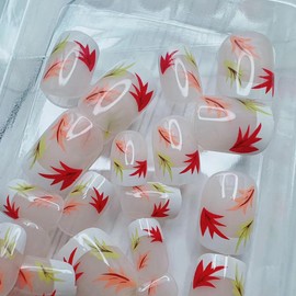 24Pcs Fall Leaf Press on Nails with Maple Leaf French Design,Autumn Medium Square Nude Acrylic Coffin Full Cover Fake Nails Glossy White French Tips False Nails Gel Glue on Nail for Women Thanksgiving