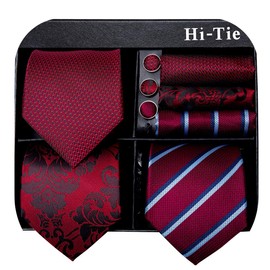 Hi-Tie 3 Pcs Gift Box Mens Tie Set Necktie with Pocket Square Cufflinks Lapel Pin Silk Neck Tie Collection,Red