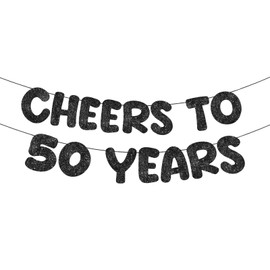 Fulmoon Cheers to 50 Years Banner Glitter 50th Birthday Banner Pre Strung Happy 50th Anniversary Banner Wedding Retirement Backdrop Party Decoration Hanging Garland Kit for Women Men (Black)