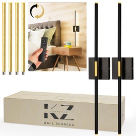 Battery Operated Wall Sconces Set of 2 with Interchangeable Black/Gold LED Bars, 2 Styles, 28 Inch, 10000mAh Long Lasting Rechargeable Battery, Magnetic Mount, 360° Rotating, Dimmable, Remote Control