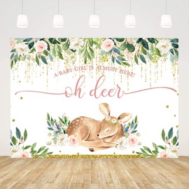 Ticuenicoa 5x3ft Oh Deer A Baby Girl is Almost Here Baby Shower Backdrop for Photography Pink Floral Babyshower Backdrops Glitter Gold Buckhorn Newborn Kids Birthday Decorations Oh Baby Background