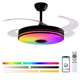 Spxtioplp 48 Inch Retractable Ceiling Fan with Lights, RGB Bluetooth Speaker, Remote Control, Dimmable 6 Speed Reversible Smart Ceiling Fans for Living Room Bedroom