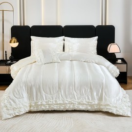 Dreamwaka White Comforter Set with Satin Sheet Set King 8 Pieces Silk Like Satin Bedding Set Luxury Silky Ruffle Pattern Home Deocr Sexy Hotel Silky Bed Set with 1 Cushion Cover