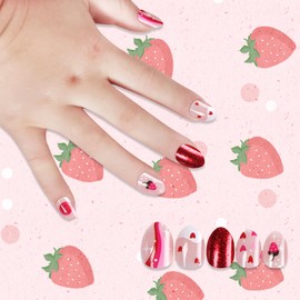 Kawyehu Kids Press on Nails Almond Children Fake Nails Artificial Nail Tips Adhesive Full Cover Short False Fingernails for Girls Kids Nail Decoration (Red Strawberry)