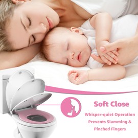 Potty Training Seat Built-in Toilet Seat, Round Toilet Seat 16.5inch with Baby Seat 2 in 1 Soft Close Quiet No Slapping, Magnetic Absorption, Easy Installation for Bottom Fixing Toilet，White and Pink