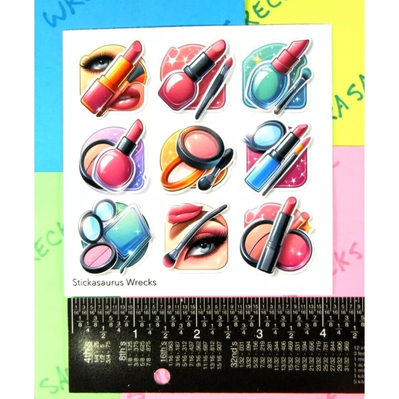 Stickasaurus Wrecks Colorful Cosmetic Makeup Scrapbook Sticker Sheet