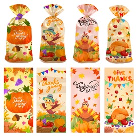 50 Pcs Thanksgiving Cellophane Treat Bags for Candy Cookie, Pumpkin Candy Bags with Twist-Ties Maple Leaves Harvest Fall Cellophane Goody Bags for Autumn Thanksgiving Party Favors Supplies