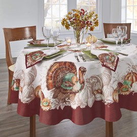 Elrene Home Fashions - Mantel Resistente a Las Arrugas, con Borde de Pavo, para el otoño, para Mesa de Comedor de Temporada, Redondo de 70 Pulgadas