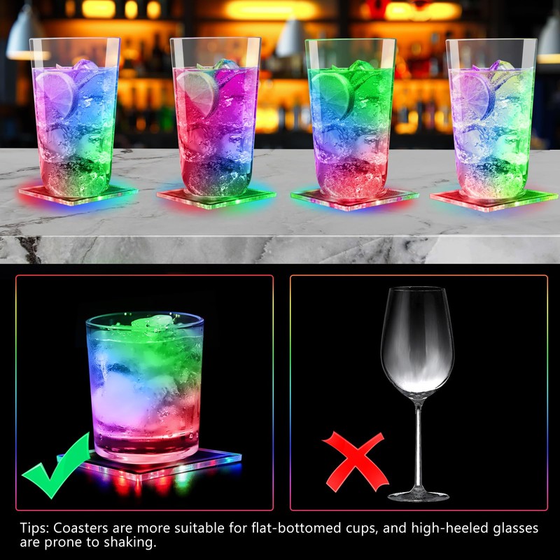 Pack of 6 Colourful LED Coasters, Square Luminous Coasters, 3