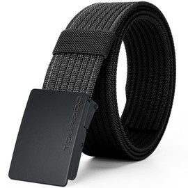 TOURZOO Nylon Military Tactical Belts for Men 1.5" No Holes Adjustable Webbing Canvas Belt for Hiking, Casual & Outdoor（Black，38"-41" Waist Adjustable）
