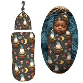 AuHomea Gnome Frog and Mushrooms Newborn Swaddle Blanket with Beanie Set Soft Baby Sleep Sack Stretch Adjustable Swaddle Wraps Receiving Blankets