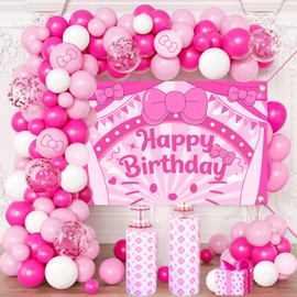 Cartoon Cat Theme Birthday Party Decorations Kit - Pink Hot Pink Balloons with Arch Garland for Background Birthday Girls Kids