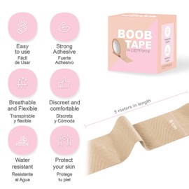 Deppiani Boobytape. Cinta para Busto de Algodón | 5 Metros | Cinta levanta busto para Vestidos de Fiesta o Blusas. Diseño 2 en 1 Cinta para Pechos y Pezonera Adhesiva. Boob Tape (Beige Claro, 1)