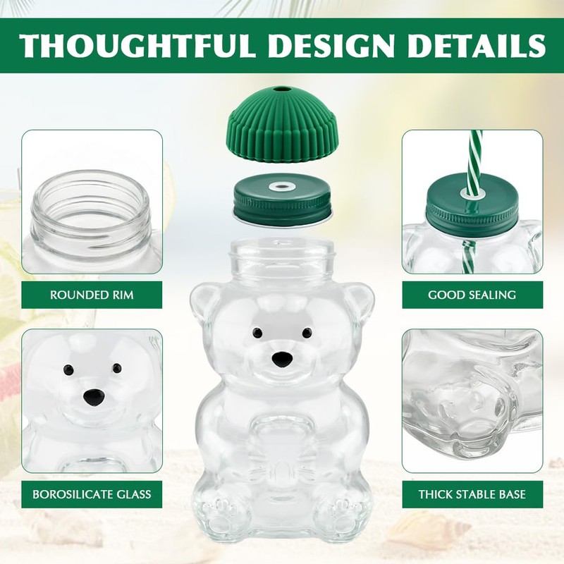 Cute Bear Glass Tumbler with Lid and Straw, 20oz 500ml