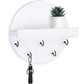 Lwenki Key Holder for Wall – Decorative Key Hook Shelf for Entryway Decor – 7.9 Inch Round Paulownia Wood Hey Hanger with 5 Metal Hooks Includes Mounting Hardware and Installation Guide