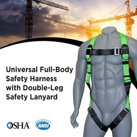 AFP Universal Full-Body Fall Protection Safety Harness with Dorsal D-Ring and Mating Buckle Legs | Roofer, Construction, Scaffolding PPE | High-Visibility Green | Shock Absorbing Lanyard (OSHA/ANSI)