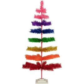 Lee Display 48in Rainbow Layered Tinsel Christmas Tree, 4 Foot Tall, Wooden Stand Included
