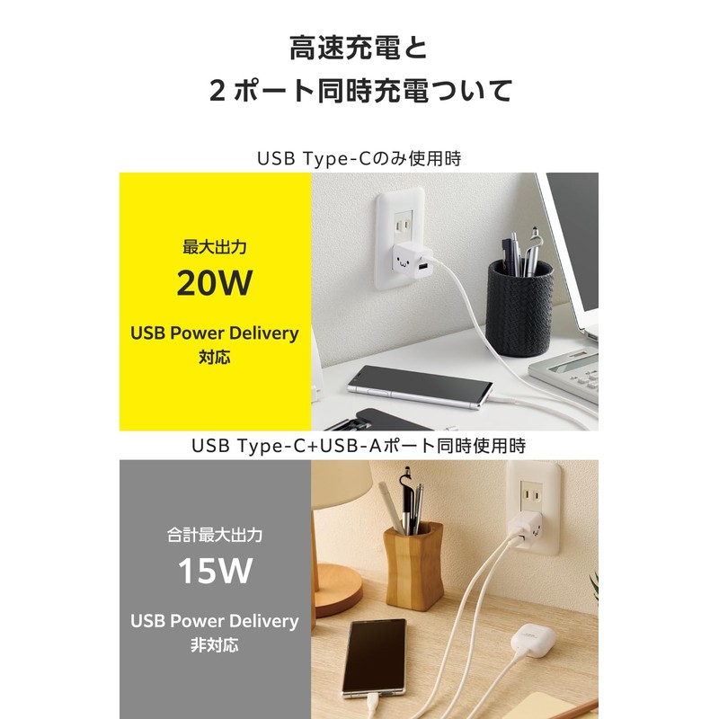 Elecom EC-AC12020WF Charger, Outlet, USB-C USB-A, 2 Ports, 20 W,