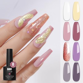 YTD Likomey Gel Nail Polish Set,Gemstone Mine 8 Colors White Light Yellow Purple Violet Maple Nude Gray Pink Glitter Color Combination UV Nail Gel Kit,7.5ml 0.25oz