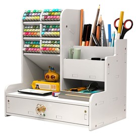 Hggzeg Desk Organiser with Drawer, Multi-Purpose Pen Holder, Stationery Desk Storage Box for Home, Office and School, PB17 White