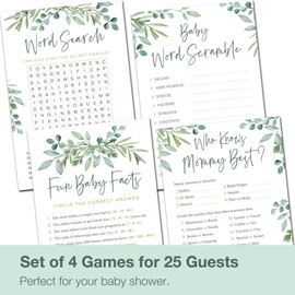 Papery Pop Baby Shower Games - Set of 4 Games for 25 Guests - Double Sided Cards - Eucalyptus