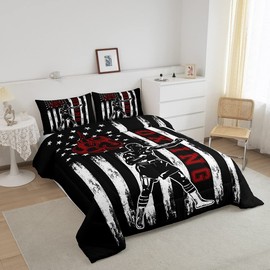 Homewish American Flag Comforter Set Twin Size Men Boxing Gaming Themed Quilt Set 2pcs for Kids Teens Boys Bedroom Decor Black White Stripes Bedding Set Boxing Player Duvet Insert,1 Pillowcase