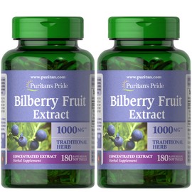 Puritan's Pride Premium Bilberry Fruit Extract 250 mg (1000mg Equivalent), 4:1 Concentrated Traditional Herbal Supplement, Vitamin C, 3 to 6 Month Supply, 180 Rapid Release Softgels 2-Pack