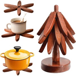 Wooden Trivet Tree for Hot Drinks Christmas Tree Coaster with 3 Tree Sitters & 1 Stand Decorative Tree Pot Coaster Wooden Trivet Tree Wood Pot Coaster, Walnut Colour