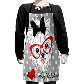 Ambesonne Yorkie Apron, Tilted Head Terrier I Love My Yorkie Red Nerd Glasses Love Heart Polka Dots, Small Apron Bib with Adjustable Ties for Baking Painting, Small Size, Black White Red