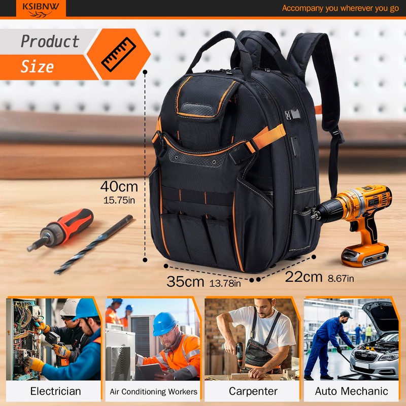 KSIBNW Tool Backpack Heavy Duty for Men, 45-Pockets Organizer Bags