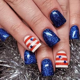 4th of July Press on Nails Short - Square Fake Nails | Blue Glitter False Nails with Star Design,Red & White Stripes Acrylic Nails | Stick on Nails for Women | Independence Day Nail Art 12 Sizes-24Pcs