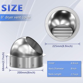 8 Inch Dryer Vent Cover Stainless Steel Round Air Ventilation Dryer Exhaust Vent Wall Vent Cover Ventilation Grill Hood