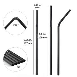 ALINK 100-Pack Black Flexible Drinking Straws, Plastic Disposable Bendy Straws - 7.75" x 0.23"