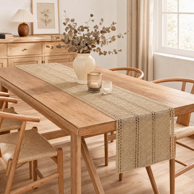 Merzio Boho Table Runner Macrame Cream Beige Woven Cotton, Linen