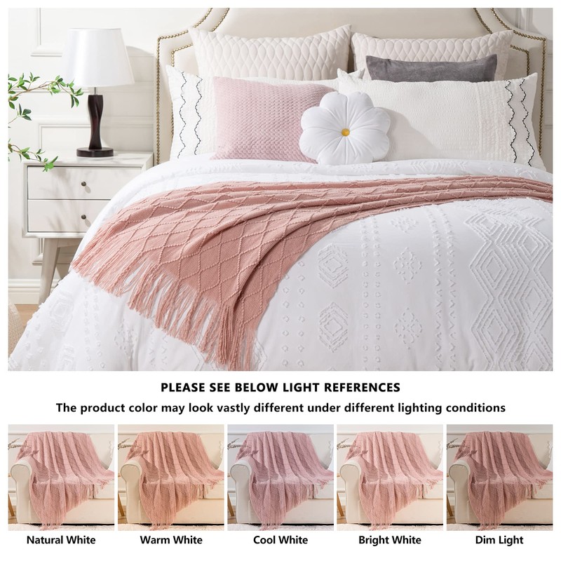 BATTILO HOME Pink Throw Blanket Diamond Pattern Indoor Outdoor Knitted