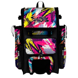 Boombah Rolling Superpack Baseball/Softball Gear Bag - Telescopic Handle - Holds 4 Bats - Wheeled Version - Shattered 2 Multi