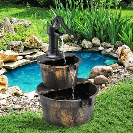 S AFSTAR Water Fountain Outdoor Waterfall Barrel, 2-Tier 27-Inch Barrel and Pump Waterfall Fountain W/Realistic Faux Wood Barrels & Pump Head, Garden Pump Barrel Fountain for Patio Backyard Decor