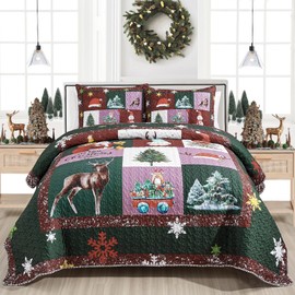 Mocaletto Cabin Quilt Set Twin Size,Christmas Bedding Set with Pillow Sham,2 Piece Reversible Holiday Christmas Quilt Set,Patchwork Bedspread,Light Microfiber Twin Coverlet