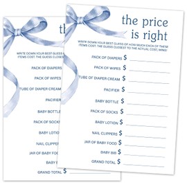TRKAE The Price is Right Baby Shower Game Set, 30 Blue Bow Baby Shower Game Cards, Game Cards for Baby Announcement Gender Reveal, Baby Shower Party & Activities Supplies -B19
