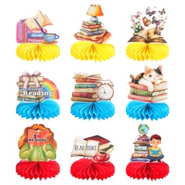 9pcs Read Books Honeycomb Centerpieces Book Themed Party Decorations Reading Book Tabletop Centerpieces Library Book Club Table Topper Sign Decorations Party Supplies for Book Lovers