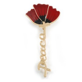 Red/Black Enamel Poppy Brooch in Gold Tone - 75mm Tall