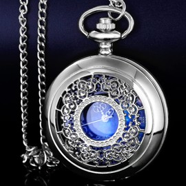 Tiong Pocket Watch Hollow Blue Star Design Roman Numerals Quartz with Chain Christmas Birthday Gifts