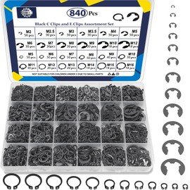 ZQZ 840Pcs C Clips Assortment (M5-M16) and E Clips Assortment Set (2.0mm-12mm), External Retaining Rings, 24 Sizes Snap Rings Assortment Kit, Black Carbon Steel Circlip Retaining Clip