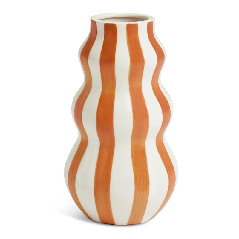 Modern Ceramic Vase with Vertical Stripes, Hand-Painted Rust and White